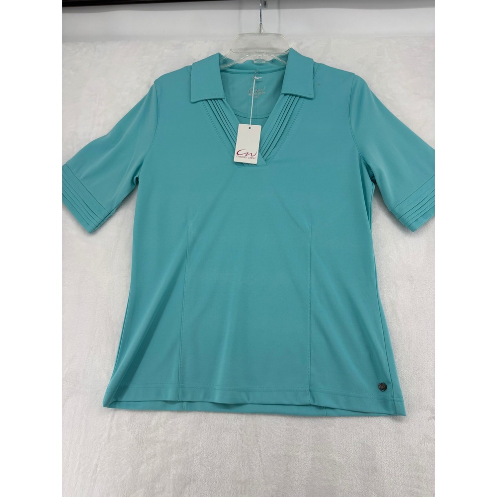 Cracked Wheat Regina Polo Womens Medium Shirt Seaglass Blue CW102 Pleated Neck